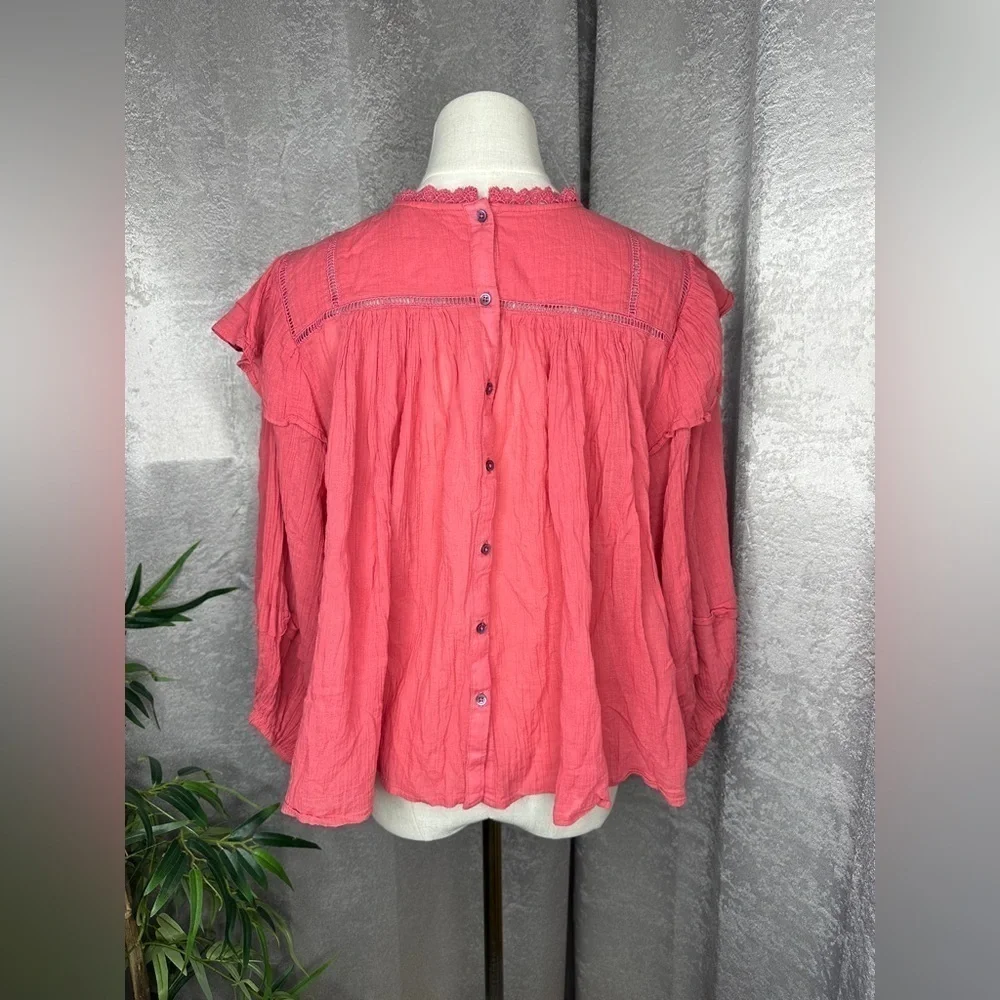 Free People Women’s Boho Flora Ruffle Oversized Crochet Top Salmon Pink Sz M - Picture 9 of 13